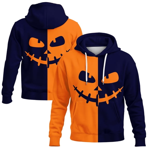 YNGKMEA Halloween Hoodie for Men Long Sleeve Funny Pumpkin Smile Face Printed Pullover Color Block Fall Shirt Holiday Sweatshirt