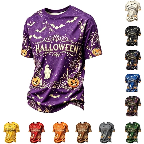YNGKMEA Halloween Shirts for Men Novelty Graphic Tshirts Spooky Pumpkin Skeleton Costume Short Sleeve Crewneck Tops for Holiday Party Festive