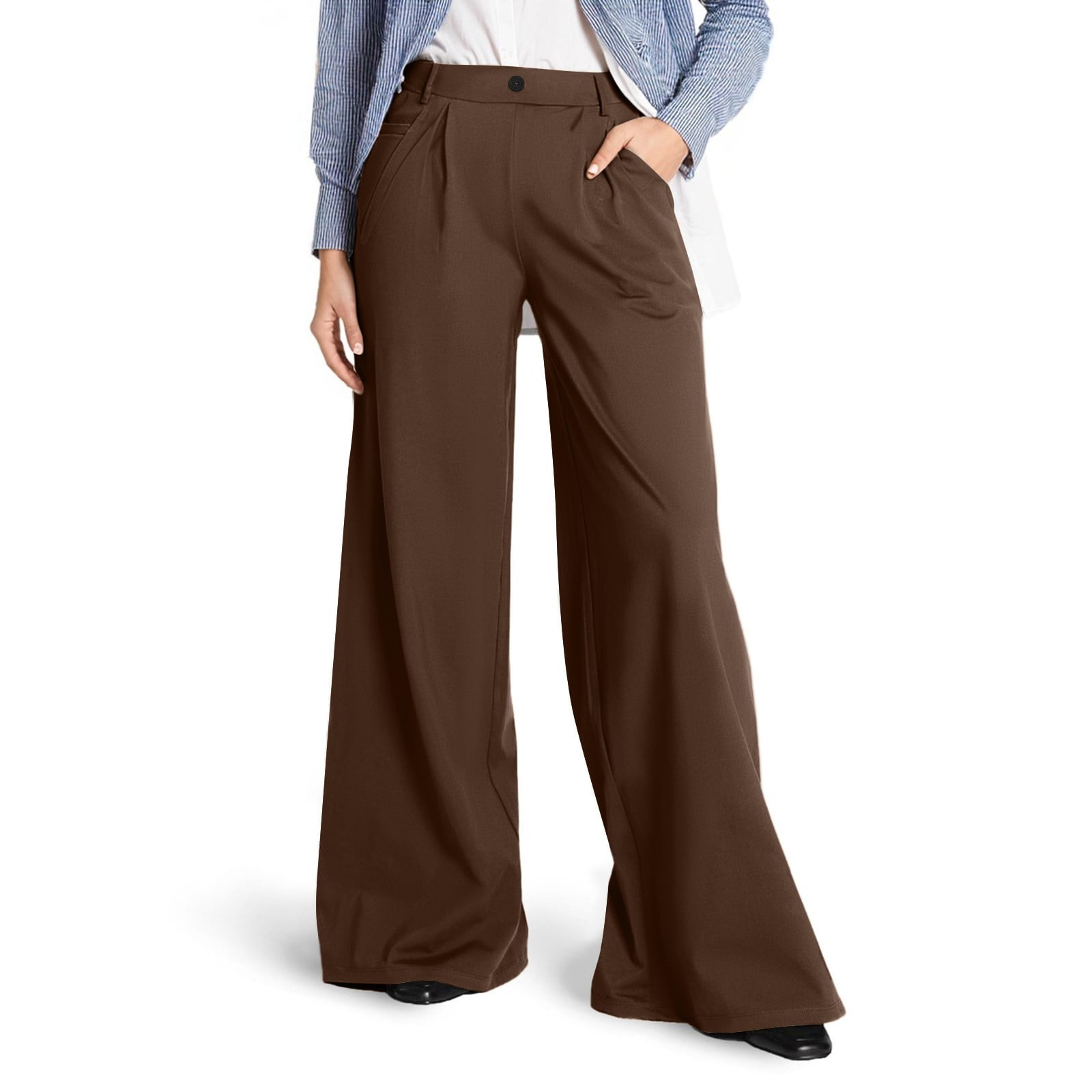 High Waist Trousers With Pockets Casual Loose Wide Leg Button Straight Pants Women's Clothing