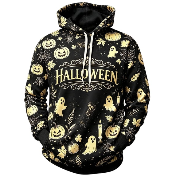 YNGKMEA Jack O Lantern Long Sleeve Hoodies for Men Halloween Holiday Sweater Ghost Sweatshirts Halloween Pumpkin Print Top Black M