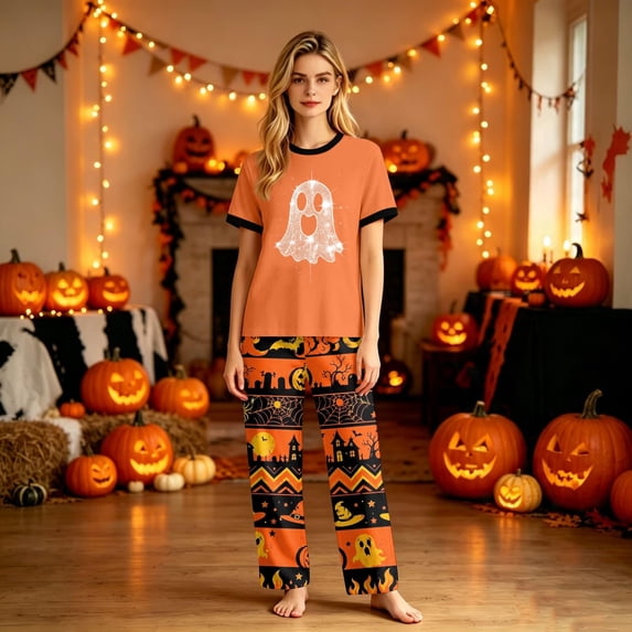 YNGKMEA Jack O Lantern Pajamas for Family Halloween Holiday Couples Pjs Festival Gathering Matching Sets Spooky Horror Print Jammies for Couples Women XXL
