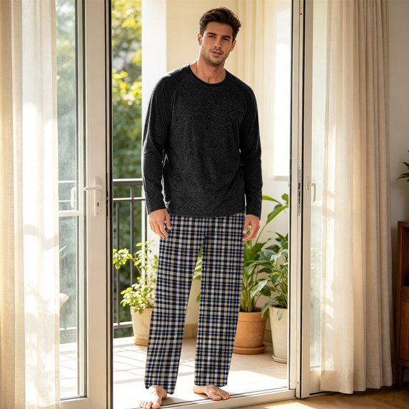 YNGKMEA Men Pajama Sets Elastic Waist Plaid Pants Two Piece Sets 2026 Fall Pajamas Sleepwear Cozy Cotton Daily Pjs with Pockets Dark Blue 2XL