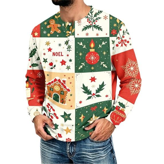 YNGKMEA Men's Christmas Henley Shirts Long Sleeve Fashion Graphic Ribbed Pullover T-Shirt Xmas Casual Holiday Button Tops