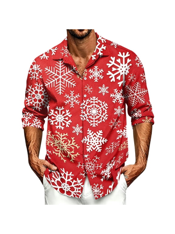 Men's Christmas Long Sleeve Shirt Funny Printed Casual Button Down Shirts For Xmas Party Holiday and Daily Wear