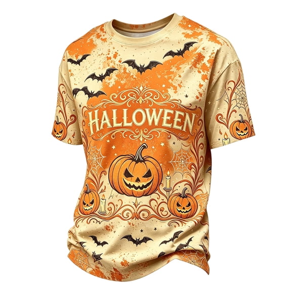 YNGKMEA Men's Halloween T Shirt Short Sleeve Pumpkin Skeleton Graphic T-Shirts Crew Neck Casual Summer Shirts