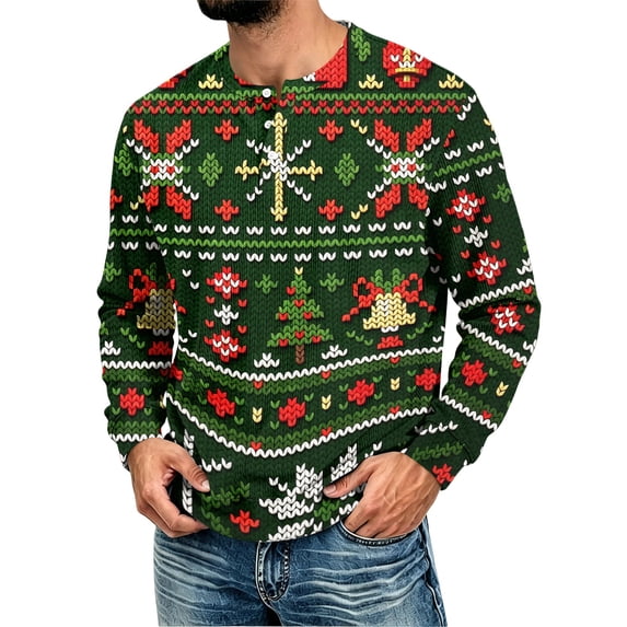 YNGKMEA Men's Henley Shirts Christmas Long Sleeve Casual Classic T-Shirts Button Ribbed Pullover Tee