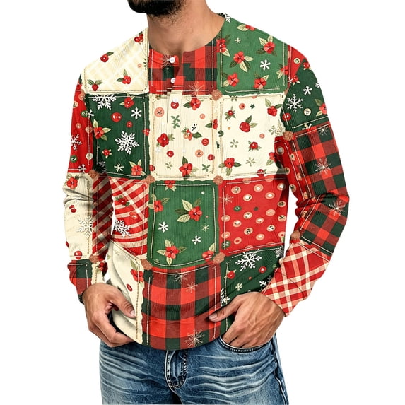 YNGKMEA Men's Henley Shirts Christmas Long Sleeve Casual Classic T-Shirts Button Ribbed Pullover Tee