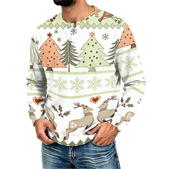 YNGKMEA Men's Henley Shirts Christmas Long Sleeve Casual Classic T-Shirts Button Ribbed Pullover Tee