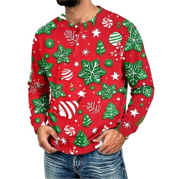 YNGKMEA Men's Henley Shirts Christmas Long Sleeve Casual Classic T-Shirts Button Ribbed Pullover Tee