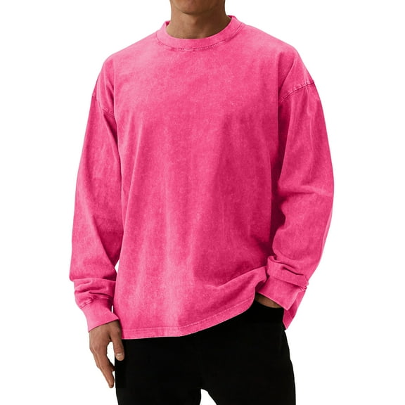 YNGKMEA Men's Oversized T Shirts Long Sleeve Retro Distressed Pullover Shirts Crewneck Vintage Acid Wash Tops 2025 Fall Comfort Colors Sweatshirt Hot Pink XXL