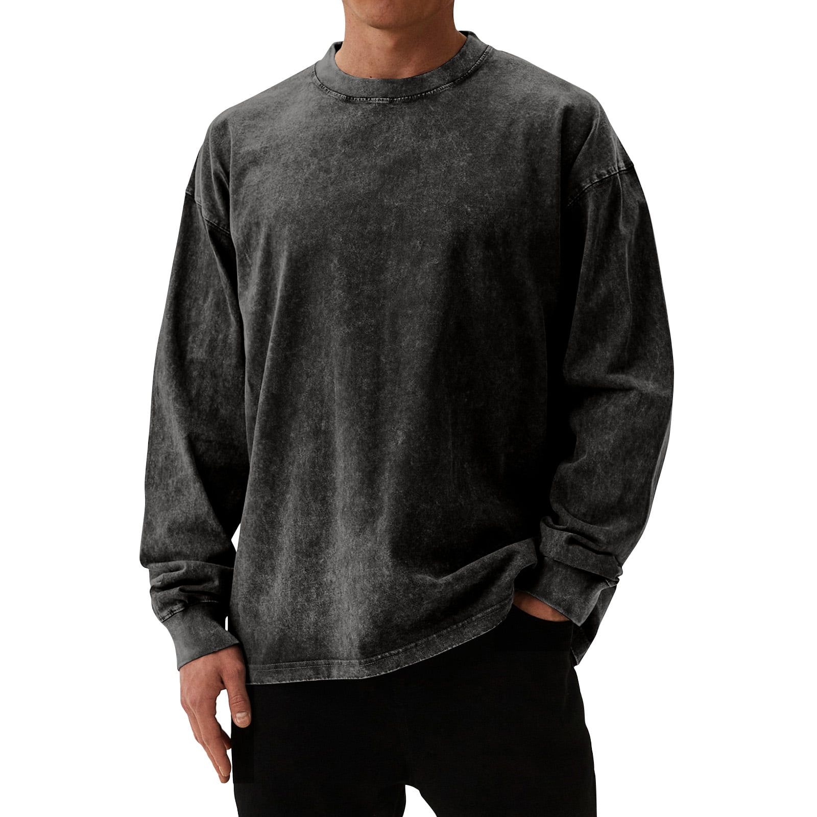 鶏舎 / WASHED HEAVY WEIGHT LONG SLEEVE YNGKMEA Oversized T Shirts for Men Long Sleeve Retro Distressed