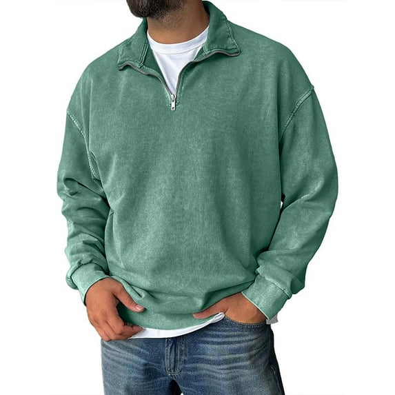 YNGKMEA Men's Quarter Zip Pullover Acid Wash Vintage Distressed Sweatshirt Long Sleeve Mock Neck Cotton Basic Solid Tops Streetwear for Fall Winter 2025 Mint Green M