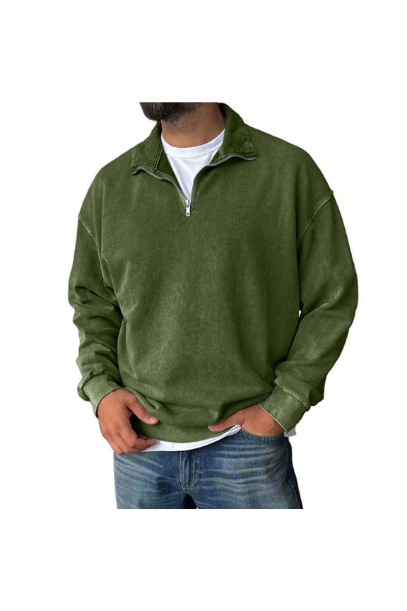 Men's Quarter Zip Pullover Mock Neck Cotton Sweatshirt Basic Solid Long Sleeve Top for Fall Winter Army Green XXXL