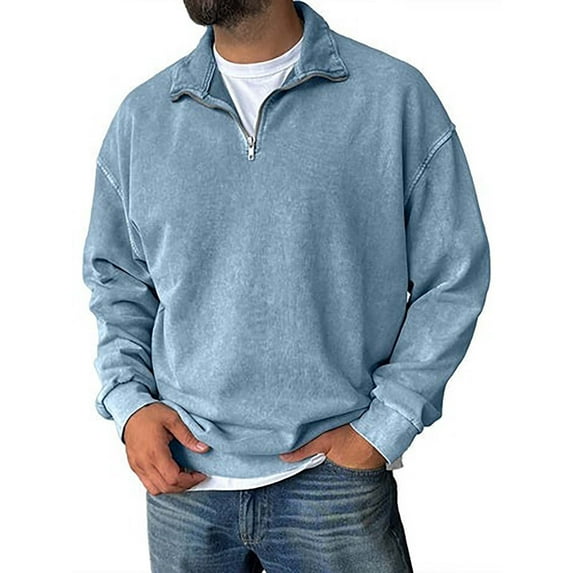 YNGKMEA Men's Quarter Zip Sweatshirts Acid Wash Vintage Distressed Pullover Tops Long Sleeve Mock Neck Cotton Basic Solid Tops Streetwear for Fall Winter Sky Blue XL