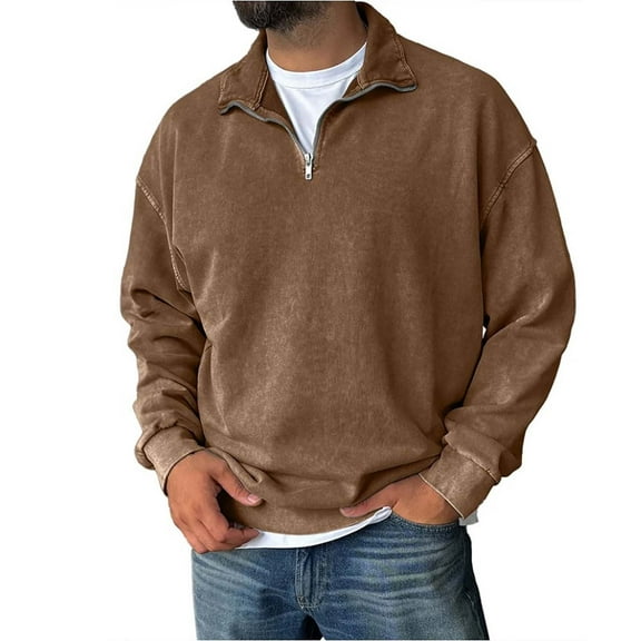 YNGKMEA Men's Quarter Zip Sweatshirts Acid Wash Vintage Distressed Pullover Tops Long Sleeve Mock Neck Cotton Basic Solid Tops Streetwear for Fall Winter Light Brown L