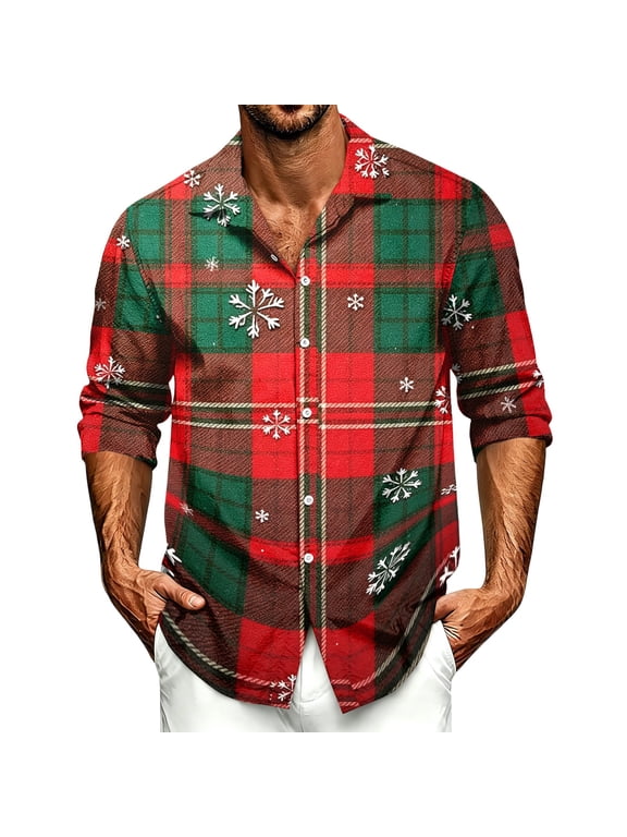 Mens Christmas Shirts Casual Long Sleeve Button Down Shirt Funny Festival Print Holiday Party Casual Xmas Top