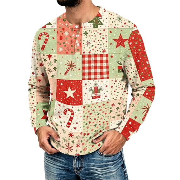 YNGKMEA Mens Christmas Shirts Funny Graphic Henley Tee Long Sleeve Xmas Casual Holiday Pullover Tops