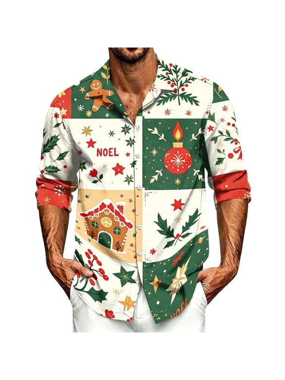 Mens Christmas Shirts Long Sleeve Casual Graphic Button Down Xmas Shirts for Men Party Holiday