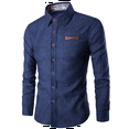 thumbnail image 1 of YNGKMEA Mens Denim Shirt Thin Long Sleeve Spliced Slim Fit Jeans Plaid Collar Denim Work Shirt with Leather Pockets Dark Blue L, 1 of 3