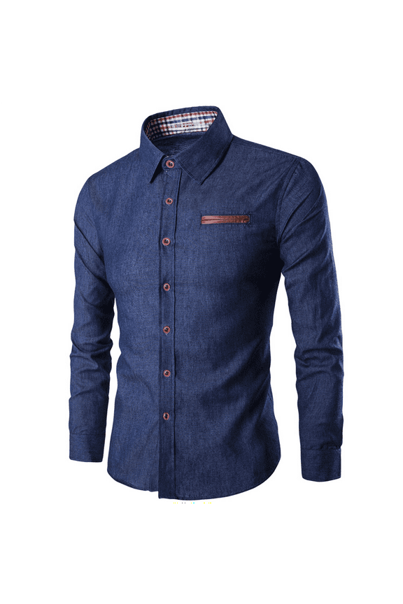 Mens Denim Shirt Thin Long Sleeve Spliced Slim Fit Jeans Plaid Collar Denim Work Shirt with Leather Pockets Dark Blue L