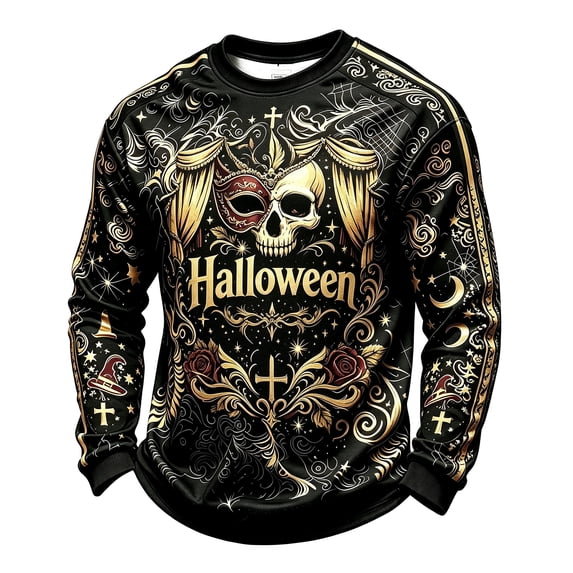 YNGKMEA Mens Halloween Flannel Sweatshirts Casual Long Sleeve Graphic Tees Retro 3D Print Crewneck Pullover Tops Holiday Party Festive Clothing