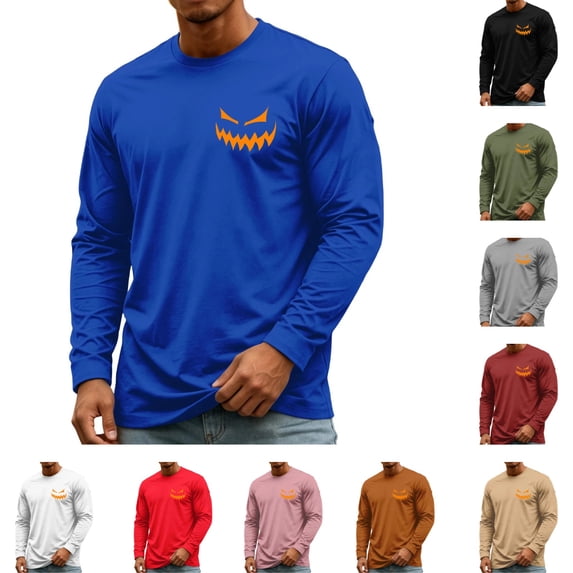 YNGKMEA Mens Long Sleeve Crew Neck T Shirts Fashion Casual Pumpkin Face Print Pullover Sweatshirt For Fall Winter Wear