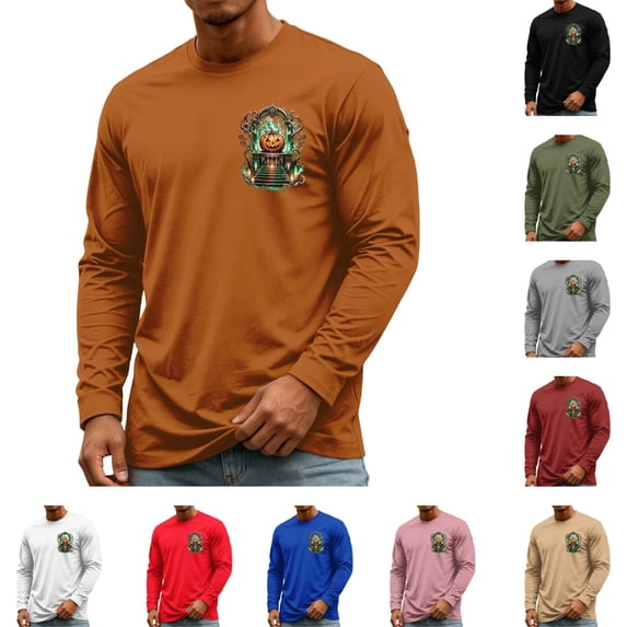 YNGKMEA Mens Long Sleeve Crew Neck T Shirts Fashion Casual Pumpkin Print Pullover Sweatshirt For Fall Winter Wear