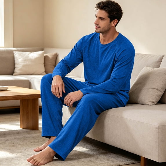YNGKMEA Mens Pajamas Elastic Waist Two Piece Sets Winter Pajamas Sleepwear Comfy Long Sleeve Casual Pjs with Pockets Royal Blue L
