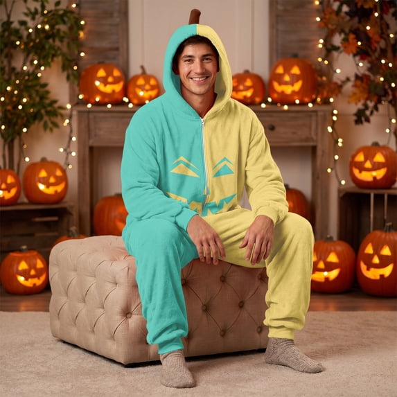 YNGKMEA Midsummer Gather Onesies Halloween Party Color Block Pajamas Long Sleeve Night Club Jumpsuits Hooded Scary Pumpkin Pattern Onesie Turquoise 3XL