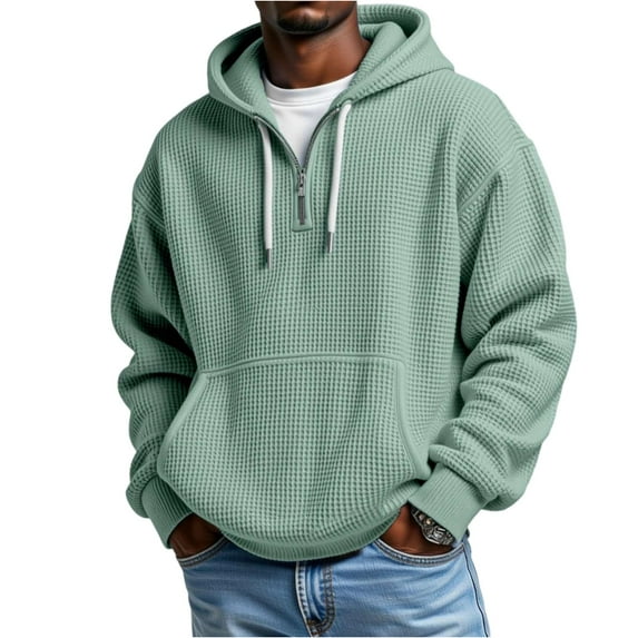 YNGKMEA Mokaloha Men's Casual Solid Color Waffle Zipper Long Sleeve Hooded Sweatshirt, Loose Comfortable Quarter Zip Pullover Sweatshirt Mint Green XXXXXL