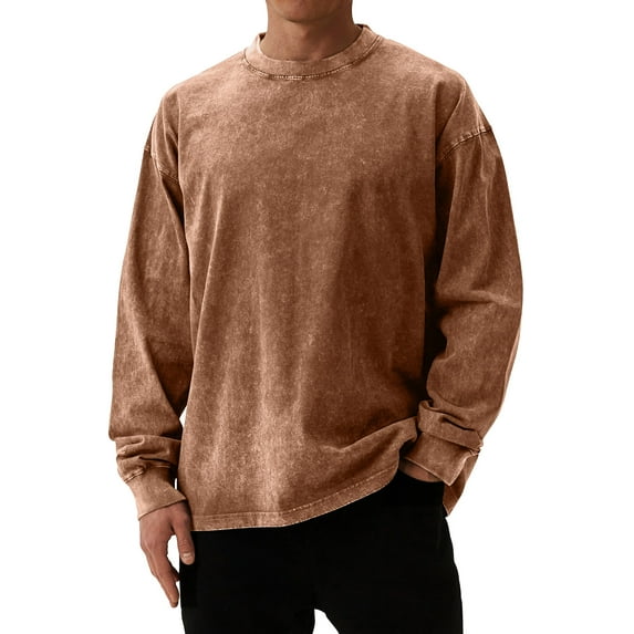 YNGKMEA Oversized T Shirts for Men Long Sleeve Retro Distressed Pullover Shirts Crewneck Vintage Acid Wash Tee Tops 2025 Fall Comfort Colors Sweatshirt Coffee S