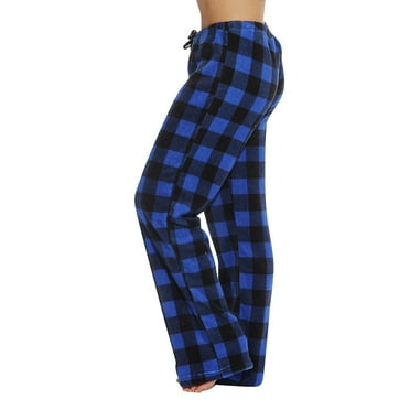 YNGKMEA Pajamas Pants Women Plaid Wide Leg Lounge Loose Pj Pant Drawstring Elastic Waist Sleep Bottom with Pocket Blue M