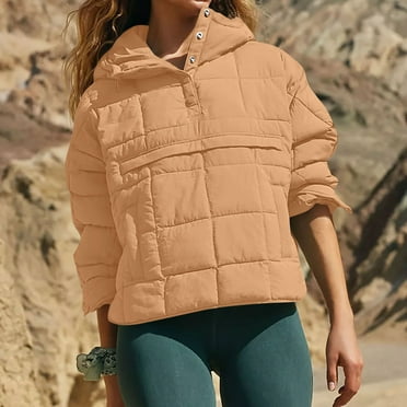 YNGKMEA Puffer Vest Women Quilted Pullover Lightweight Packable Hoodies Long Sleeve Plus Size Coat Warm Winter Clothing Top Khaki M