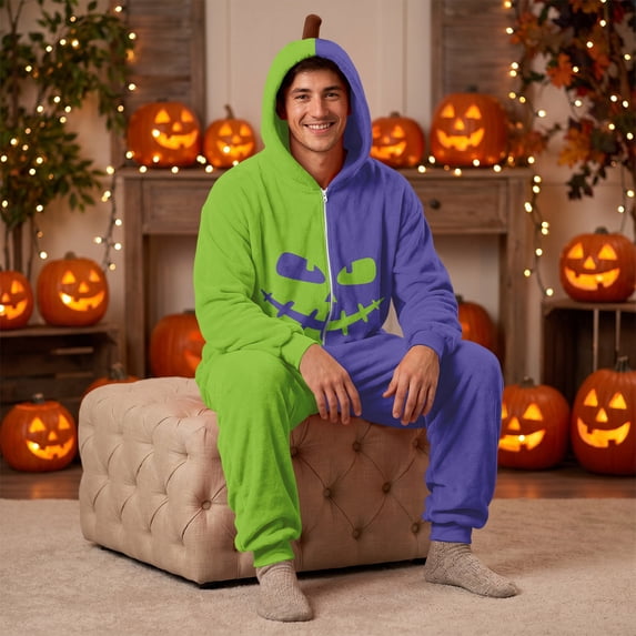 YNGKMEA Pumpkin Face Graphic Onesies Halloween Party Color Block Pajama Long Sleeve Party Jumpsuit Hooded Scary Pumpkin Pattern Onesie Green M