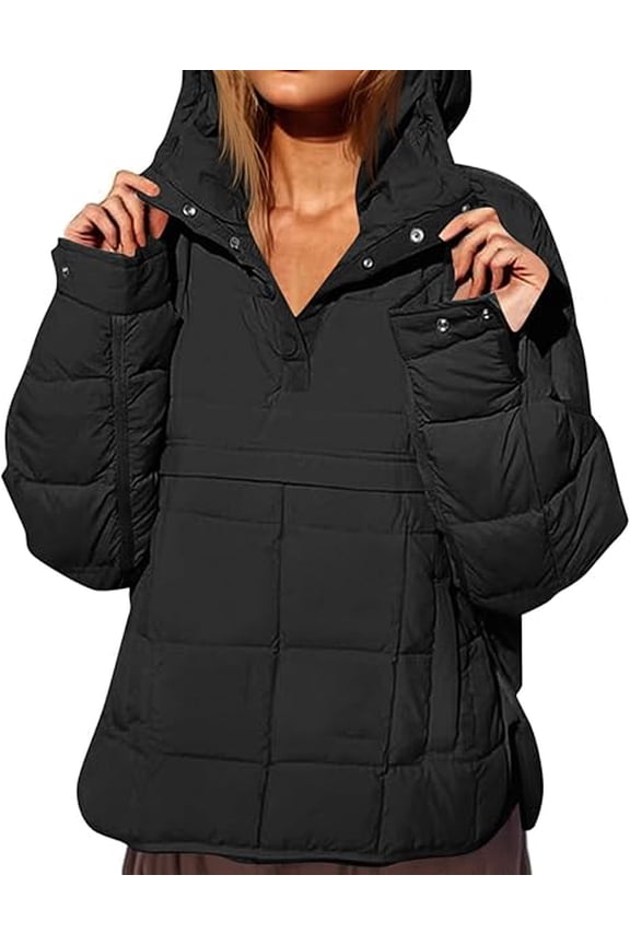 Quilted Puffer Jacket Women Lightweight Long Sleeve Dolman Hoodies Oversized Packable Hoodies Pullover Casual Quarter Button Down Warm Padded Coat Tops Black XXL