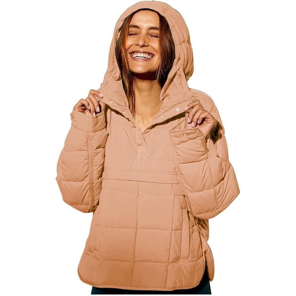YNGKMEA Quilted Puffer Jacket Women Lightweight Long Sleeve Dolman Hoodies Oversized Packable Jackets Hoodies Casual Quarter Button Down Warm Tops Coat Khaki L