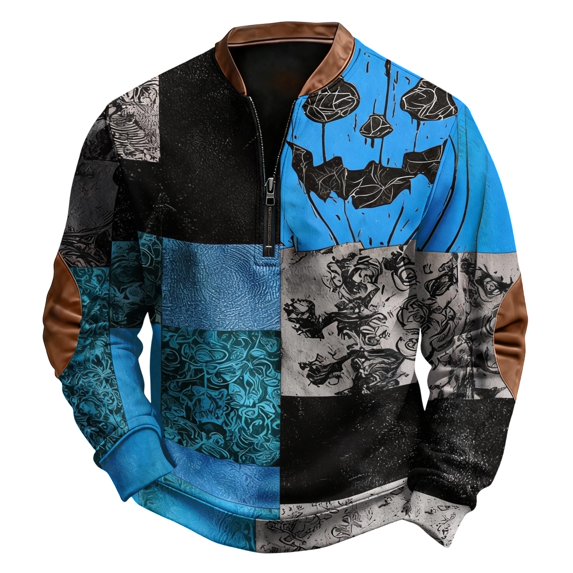 YNGKMEA Spooky Pumpkin Sweatshirt for Men Halloween Holiday Half Zip Pullover Top Night Club Loungewear American Retro Shirts Blue 2XL