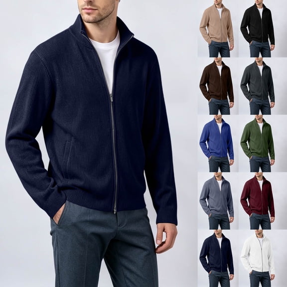 YNGKMEA Sweaters for Men Full Zip Up Cardigan Stand Collar Ribbed Sweaters Casual Zipper Jacket with Pockets Fall Warm Jackets Khaki 3XL