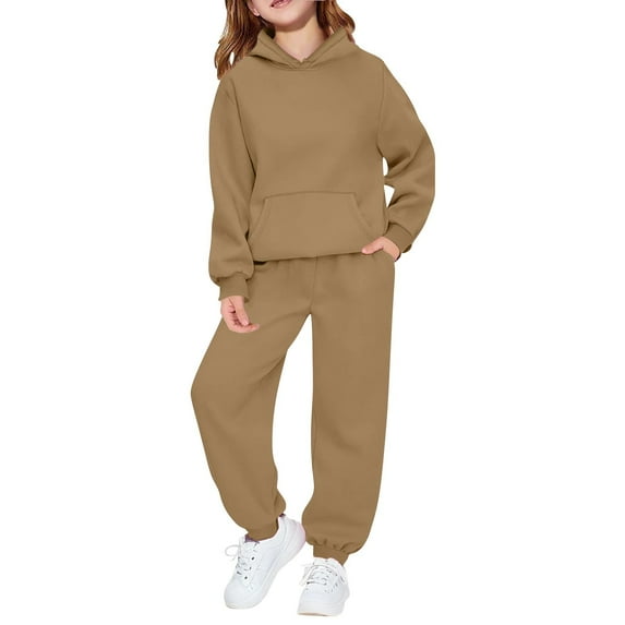 YNGKMEA Toddler Boys Girls Sweatsuit Soild 2 Piece Sweatsuits for Teens Kids Sweatshirts and Jogger Sweatpants Sweat Set Light Brown 8-9 Years
