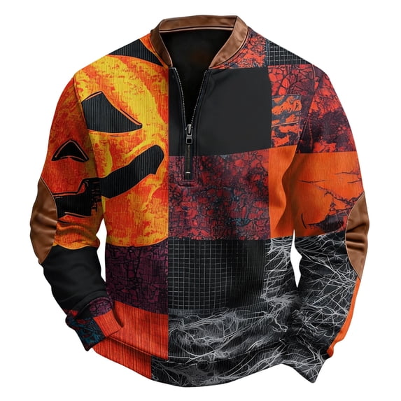 YNGKMEA Trick or Treat Mens Sweatshirt Halloween Party 1/4 Zip Pullover Tops Party Loungewear Scary Pumpkin Pattern Shirt Red M