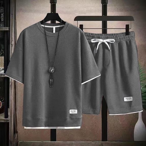 YNGKMEA Two Piece Lounge Set for Men 2026 Summer Oversized Sets Dressy Casual Waffle Shorts Outfits Vacation Matching Set with Pockets Dark Gray L