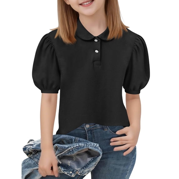 YNGKMEA Uniform Polo Shirts for Girls Short Sleeve Peter Pan Collar School Uniform Shirts Kids Cute Puff Sleeve Polo Shirt