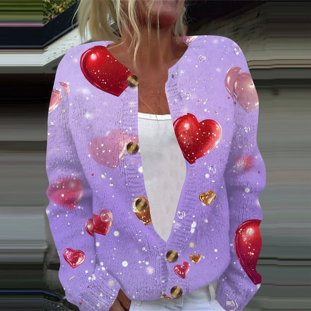YNGKMEA Valentines Sweaters for Women Plus Size Open Front Love Heart Print Cute Sweater Button Down Knit Cardigan Long Sleeve Holiday Coat Watermelon Red M