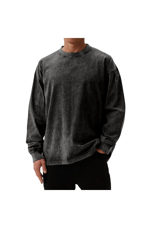 Vintage Oversized T Shirts for Men Casual Long Sleeve Retro Distressed Pullover Shirts Crewneck Acid Wash Tshirts 2025 Fall Comfort Colors Sweatshirt Black XL