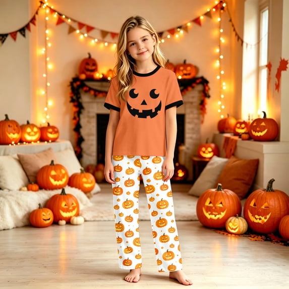 YNGKMEA Witch Print 2026 Family Pajamas Set Halloween Party Pjs Matching Sets Ghost Matching Sets Scary Pumpkin Pattern Jammies for Couples Kids 9 Years