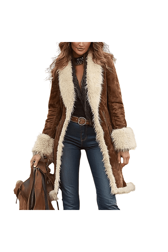 Women's 70s Vintage Western Sherpa Fleece Lined Jacket Long Faux Fur Coat Fuzzy Long Sleeve Warm Winter Overcoat Camel M
