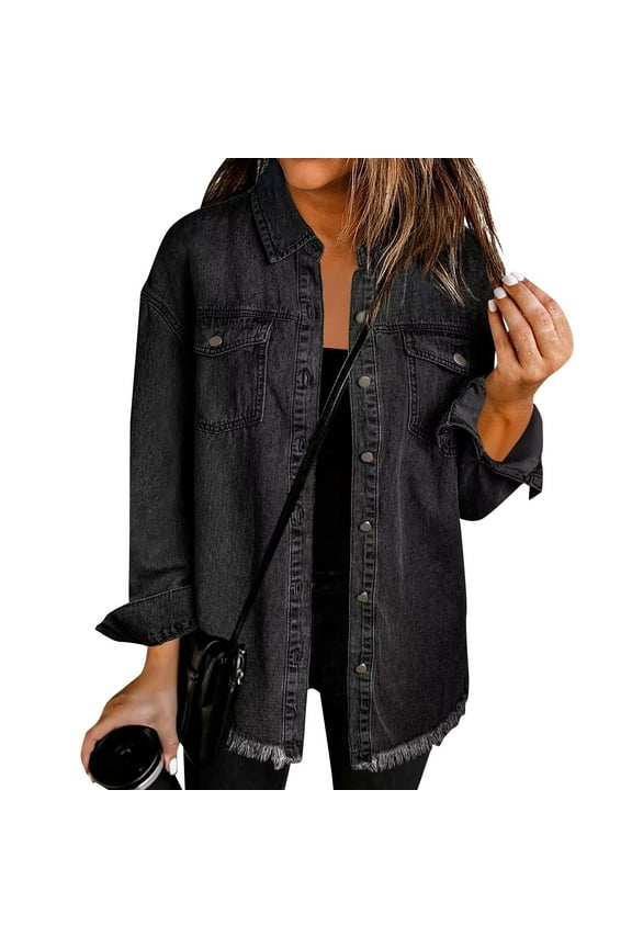Women's Denim Jackets Button Up Frayed Hem Shacket Vintage Washed Long Sleeve Boyfriend Shirt Trendy Distressed Jean Jackets 2025 Fall Clothes Black XXL