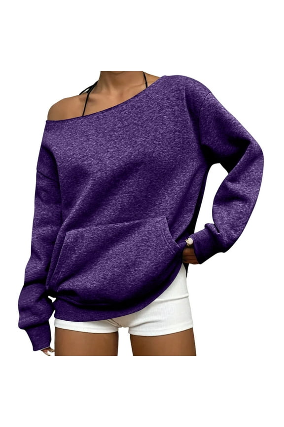 Women's Off the Shoulder Sweatshirt Oversized One Shoulder Pullover Top Long Sleeve Plain Travel Sweatshirts Fashion Loose Fit with Pockets Tops Y2k Fall Clothes 2025 Purple XL