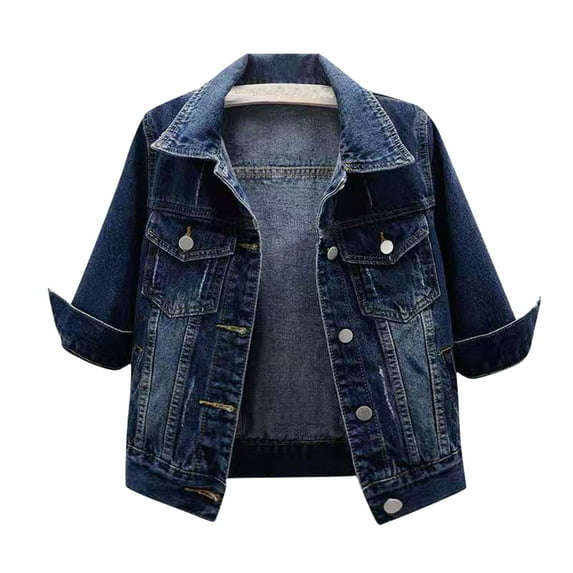 YNGKMEA Womens Cropped Denim Jacket 3/4 Sleeve Plus Size Jean Jacket 2025 Fall Button Down Lightweight Colored Jacket Trendy Casual Trucker Coats Dark Blue XXXL
