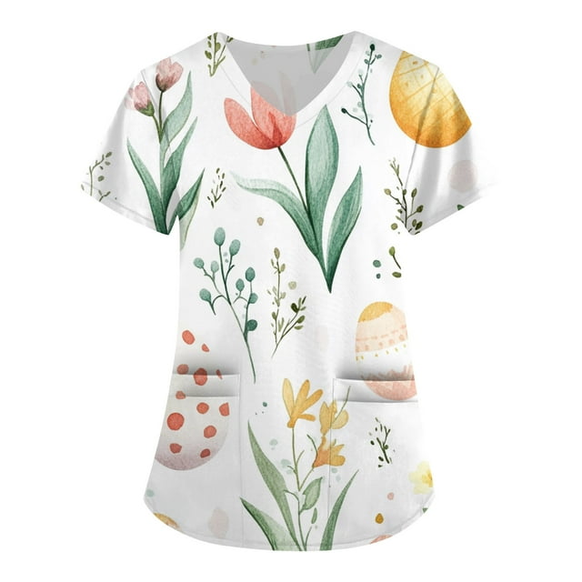 YNGKMEA Womens Easter Scrub Tops Plus Size Nursing Scrubs Stretchy V Neck Easter Eggs Bunny Graphic Scrub Tee Tops Scrub Shirts Medical Easter Scrub Tops Tall Scrubs Multicolor 2XL